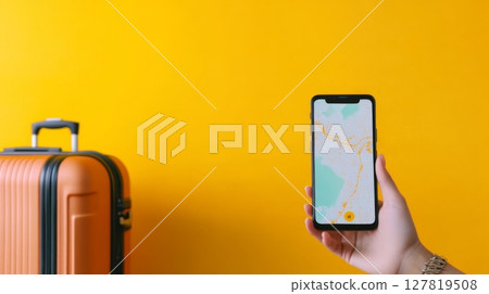Tourist holding smartphone displaying gps navigation app with marked route and orange suitcase on vivid yellow background, preparing for exciting journey and exploring new destinations 127819508