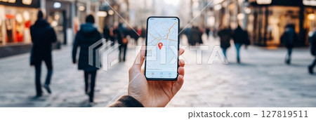 Hand holding smartphone displaying navigation app with blurred city street and pedestrians in background, providing location and guidance for urban exploration 127819511