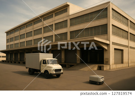一棟舊廠房，卡車停在那裡，裝貨入口 127819574