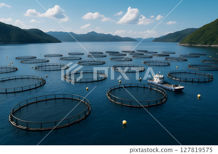 一組圓形的養魚場分佈在山灣 127819575