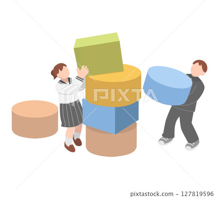 Male and female students working together to stack things 127819596