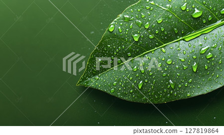 Close up of a vibrant green leaf with glistening water droplets against a dark green background, creating a refreshing scene of sustainability and nature Close up of a vibrant green leaf with glistening water droplets against a dark green background, creating a refreshing scene of sustainability and nature 127819864