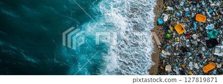 Ocean waves are crashing on a beach polluted by plastic garbage, highlighting environmental damage and the urgent need for sustainable waste management practices 127819871