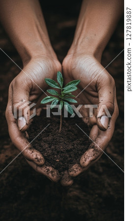Hands cradling fertile soil with a young plant emerging, representing eco friendly practices, sustainability, and a commitment to environmental conservation and growth Hands cradling fertile soil with a young plant emerging, representing eco friendly practices, sustainability, and a commitment to environmental conservation and growth 127819887