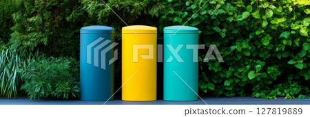 Three colorful recycling bins stand against a lush green backdrop, promoting responsible waste management and eco conscious practices for a sustainable future Three colorful recycling bins stand against a lush green backdrop, promoting responsible waste management and eco conscious practices for a sustainable future 127819889