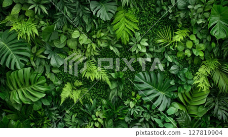 Lush green wall showcasing a variety of tropical plants, promoting concepts of sustainability, eco friendliness, and responsible waste management in urban spaces 127819904