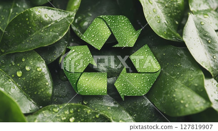 Recycling symbol overlaid on vibrant green leaves covered with water droplets promotes environmental sustainability and eco conscious waste management 127819907