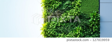 Lush green wall composed of various plants and foliage enhancing building's aesthetics while promoting eco friendly practices and urban sustainability initiatives Lush green wall composed of various plants and foliage enhancing building's aesthetics while promoting eco friendly practices and urban sustainability initiatives 127819959