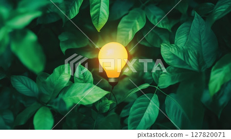 Lit light bulb hangs from a green plant, symbolizing eco friendly practices, sustainable energy, and innovative solutions for environmental conservation and waste management 127820071