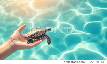 Hand cradling a baby sea turtle gliding through crystal clear turquoise water, symbolizing wildlife conservation and highlighting vital environmental protection efforts 127820161