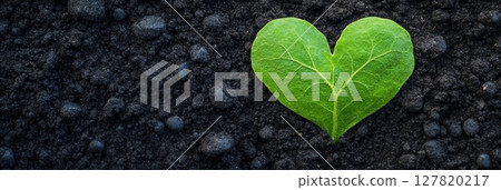 Vibrant green heart shaped leaf lies on rich, dark soil, representing environmental protection, sustainable practices, and the love for our planet 127820217