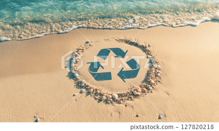 Soft wave arriving on the shore washing a recycle symbol drawn on the sand and decorated with small shells and pebbles promoting environmental awareness and inviting to recycle 127820218