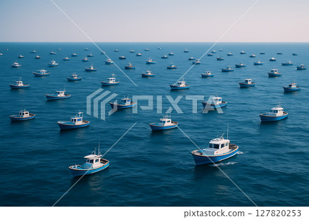 Space spreading out in the blue ocean and a group of small boats scattered around Space spreading out in the blue ocean and a group of small boats scattered around 127820253