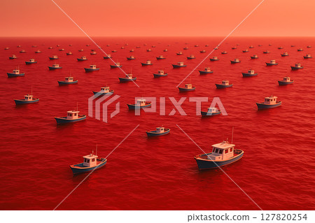 一群競爭的船隻擠在紅色的海洋裡 127820254