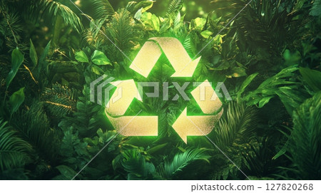 Luminous recycling symbol glowing among vibrant tropical foliage, highlighting the importance of environmental conservation and sustainable practices for biodiversity 127820268