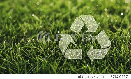 Recycling symbol made of water drops on vibrant green grass promoting environmental sustainability and eco conscious practices for a greener future 127820317