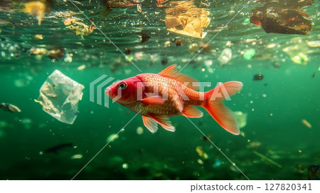 Goldfish swimming in dirty water filled with plastic waste highlighting environmental pollution and the urgent need for sustainable waste management practices 127820341