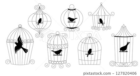 Hand drawn vector set of bird cages in doodle style simple metal cage sketch collection for home use line art illustration isolated vintage pet house Hand drawn vector set of bird cages in doodle style simple metal cage sketch collection for home use line art illustration isolated vintage pet house 127820406