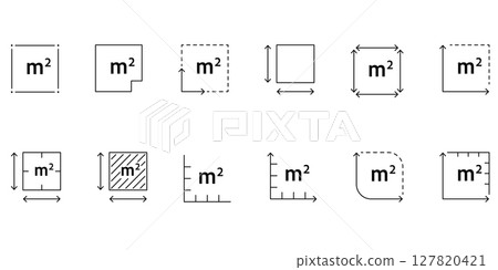 High quality vector icon of M2 symbol representing square meters. Measuring area of land, home, apartment or flat. Minimalistic linear design for dimensions 127820421