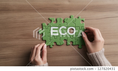 Woman is composing the word eco with green puzzle pieces on a wooden table, representing environmental awareness and sustainable practices for a greener future 127820431