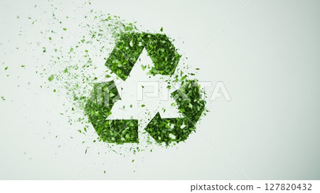 Green leaves forming a recycling symbol exploding and scattering, conveying concepts of eco friendliness, sustainability, and waste management on a clean background 127820432