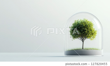 Protecting the environment, a lush green tree grows under a glass bell jar, symbolizing conservation, sustainability, and eco conscious practices for a greener future Protecting the environment, a lush green tree grows under a glass bell jar, symbolizing conservation, sustainability, and eco conscious practices for a greener future 127820455
