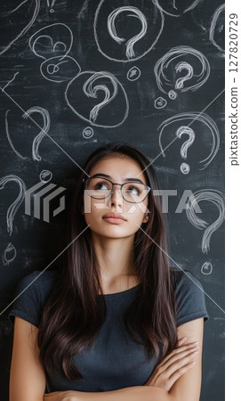 Young woman wearing eyeglasses is standing with arms crossed in front of a blackboard filled with question marks, looking thoughtfully upward as she contemplates a solution or seeks answers 127820729