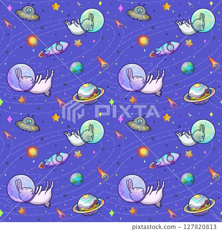 Cute Space Bunny Seamless Pattern Purple Galaxy Background 127820813