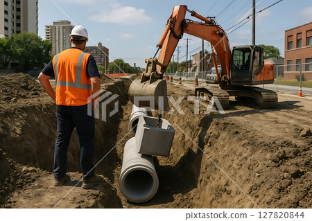 城市排水管道安裝挖掘作業及挖土機 城市排水管道安裝挖掘作業及挖土機 127820844