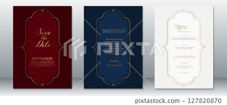 Elegant Wedding Invitation and Menu Set with Gold Frames on Burgundy, Navy, and Cream Backgrounds 127820870