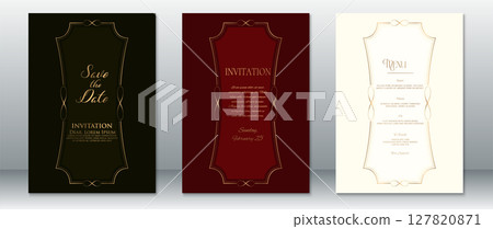 Luxury Wedding Invitation and Menu Set with Gold Borders on Black, Burgundy, and Cream Backgrounds 127820871