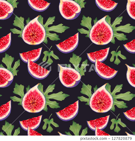 Seamless pattern of fig slices with red flesh and leaves on purple background. Botanical watercolor illustration. Hand drawn isolated art. Tropical berries for packaging, fabric, wallpaper, textile 127820879