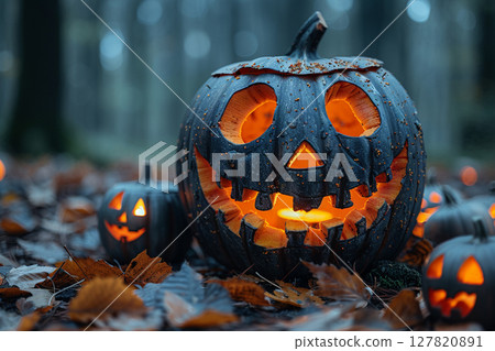 Smiling lantern floating in the autumn forest 127820891