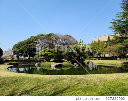 A park surrounded by greenery and a beautiful pond 127820902