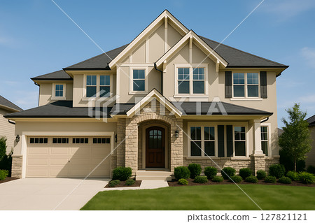 一棟獨立式住宅的外部,院子裡長滿草,天空晴朗 一棟獨立式住宅的外部,院子裡長滿草,天空晴朗 127821121