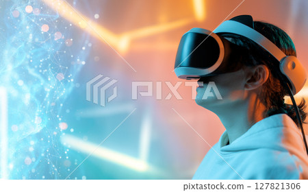 Woman with VR virtual reality goggles Woman with VR virtual reality goggles 127821306