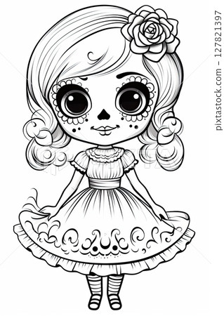 Dia de los Muertos coloring page for kids and adults illustration. Black and white lines 127821397