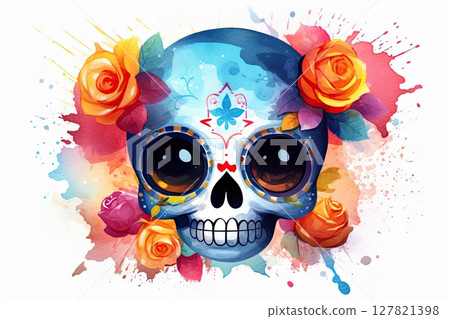 Dia de los Muertos, Day of the Dead, cute Skull personage watercolor colorful illustration Dia de los Muertos, Day of the Dead, cute Skull personage watercolor colorful illustration 127821398