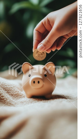 Hand gently places a shiny gold coin into a piggy bank resting on a soft, textured surface, symbolizing the act of saving and investing for future financial security 127821656