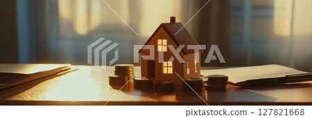 Illuminated miniature house surrounded by coins on table, symbolizing financial planning and saving for home purchase 127821668