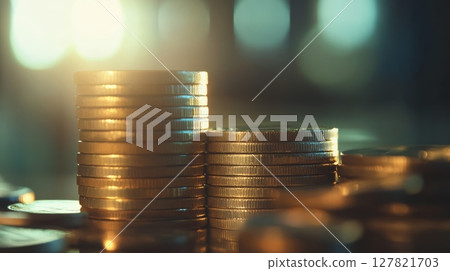 Golden coin stacks of increasing height symbolizing growing investment returns and the concept of long term financial growth 127821703