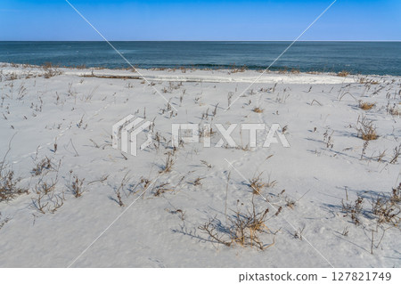北海道網走市 - 北濱海灘的雪原上留有小動物的足跡，面向鄂霍次克海，眺望流冰 127821749