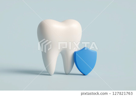 White tooth with blue shield. Dental health protection 127821763