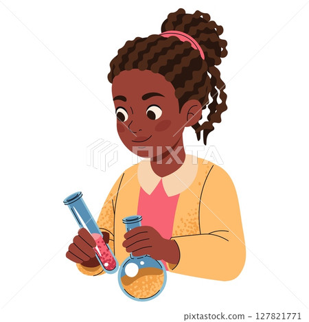 African American Schoolgirl with Chemistry Test Tubes in Flat Style, Science Lab Illustration. Child Doing Chemical Experiment, Education Concept. Ideal for Science Posters, Classroom Material 127821771