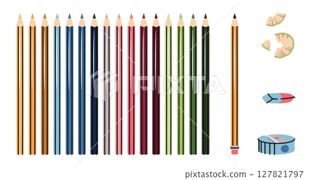 Colored Pencils Set with Sharpener, Eraser and Pencil Shavings in Flat Design. Artist Kit for Drawing, School Projects and Hobbies. Ideal for Art Supply Branding, Educational Materials 127821797