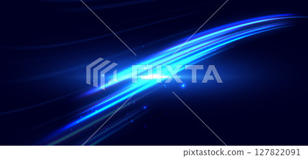 Hi-speed blue neon wave beams rays on dark blue background. Speed motion moving concept. 127822091