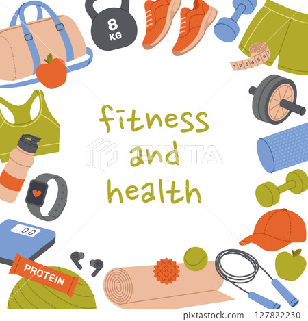Fitness and health banner with square frame made of sports equipment. Healthy lifestyle elements. Template for postcard, poster, flyer, social media. Vector flat illustration on white background Fitness and health banner with square frame made of sports equipment. Healthy lifestyle elements. Template for postcard, poster, flyer, social media. Vector flat illustration on white background 127822230