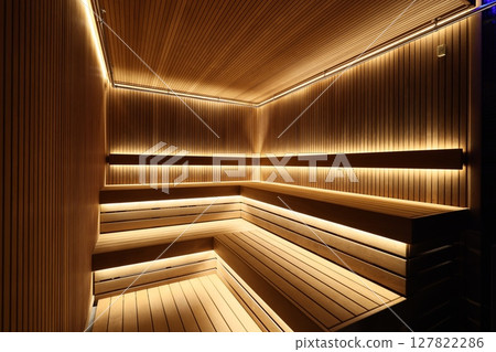 Discover the Modern Wooden Sauna Interior with soothing Ambient Lighting for a serene vibe Discover the Modern Wooden Sauna Interior with soothing Ambient Lighting for a serene vibe 127822286
