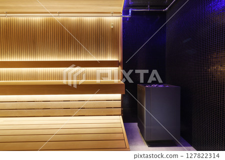 The Modern Sauna Interior features delightful Ambient Lighting that enhances relaxation and comfort The Modern Sauna Interior features delightful Ambient Lighting that enhances relaxation and comfort 127822314