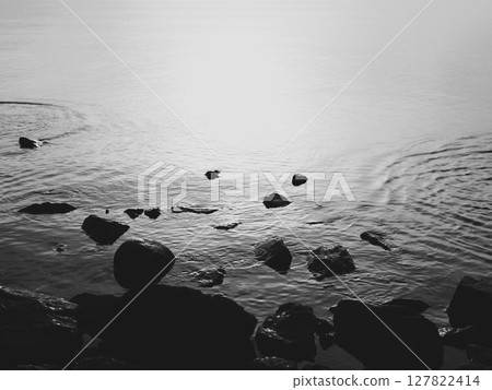A Beautiful and Serene Black and White Waterscape Featuring Graceful Rocks and Calm, Still Waters 127822414